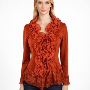 Pretty Angel Orange Button Cardigan Chiffon Ruffle Lace Beaded Cottage Size M